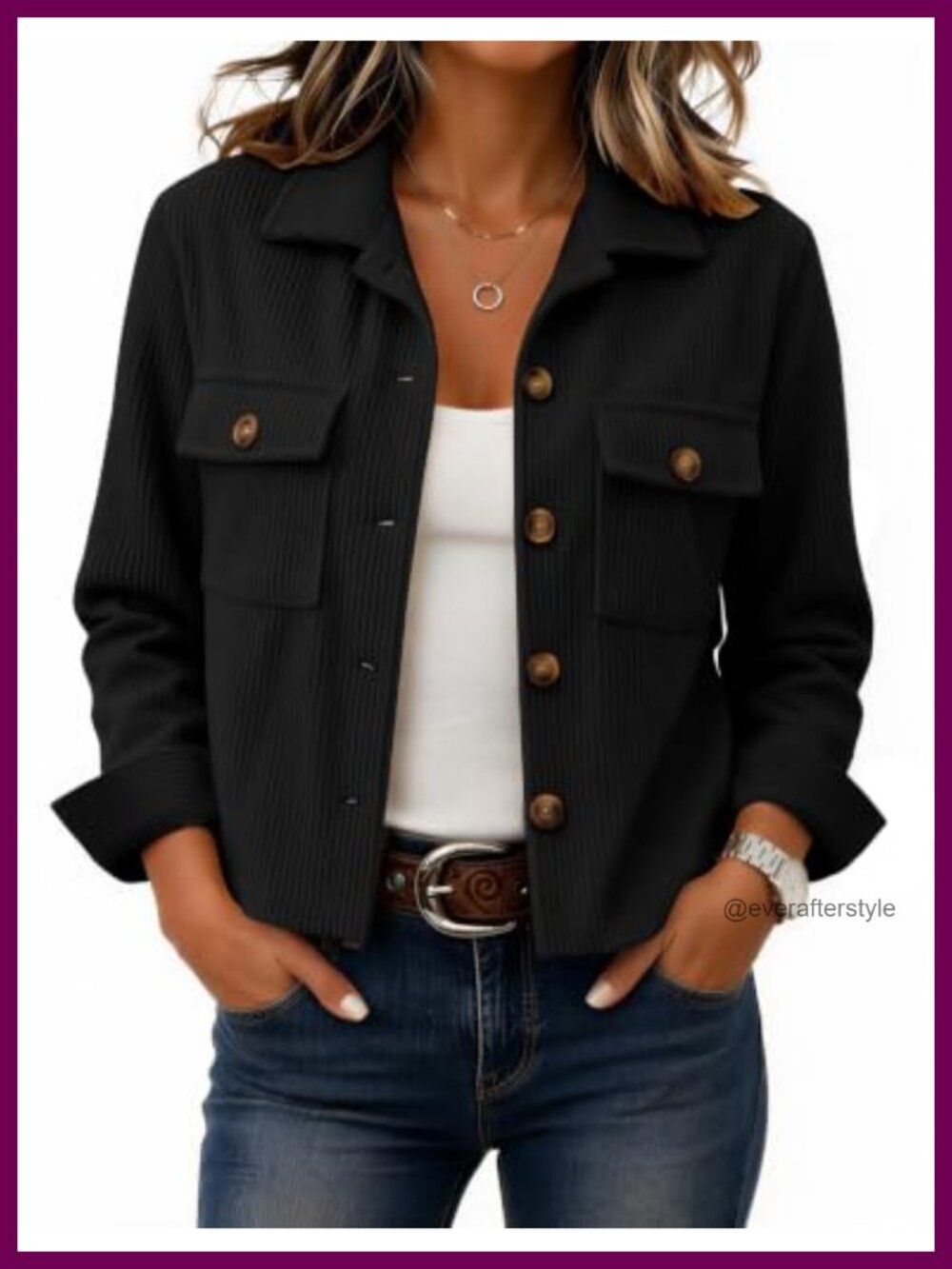 Womens Corduroy Cropped Button Down Jacket Long Sleeve Shacket Casual